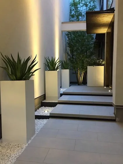 For a more formal and modern look, I use sleek designer planters. These tall, white FRP planters create a sophisticated and welcoming entrance, proving that green decor can be both natural and incredibly chic.
