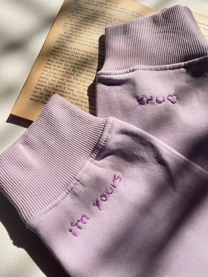 Another shot of the 'I'm yours' and 'Khu' custom embroidered cuffs on the lovely lavender sweatshirts, perfect for a couple.
