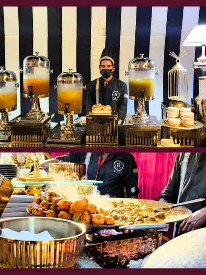 A collage showcasing our diverse live stations, including a chaat counter with fresh juices and a tawa station. We provide a world-class culinary experience that will tantalize your taste buds.