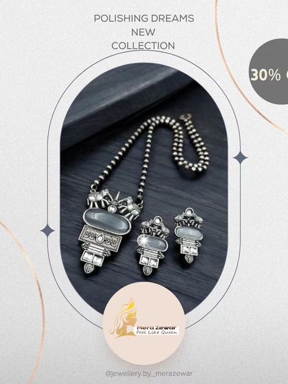 Here is the 'Polishing Dreams' set in a neutral grey. It's an understated and elegant option for those who prefer subtle jewellery.