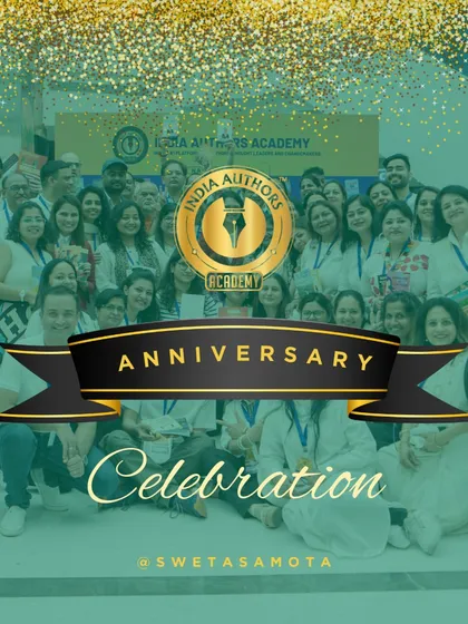 An anniversary celebration graphic with our community photo. Celebrating 5 years of building India's biggest community of authors.