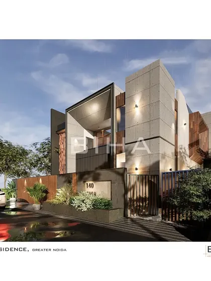 This proposed facade for a residence in Greater Noida explores a brutalist architectural style. The design emphasizes the raw beauty of concrete and strong geometric forms to create a powerful, monolithic presence.