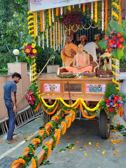 Decoration for a religious procession at the Noida ISKCON Temple. I decorated the chariot with colorful flowers and traditional marigold garlands to honor the Guru.