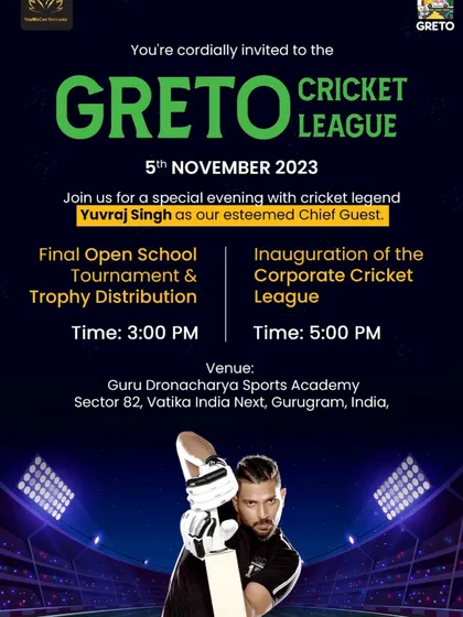 We have the privilege of hosting major sporting events and legends of the game. This is the official poster from the Greto Cricket League final, where we welcomed cricket legend Yuvraj Singh as our esteemed Chief Guest.