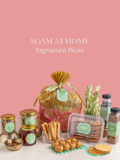 The best of Soam, curated just for you. My Signature Picks Hamper brings together handpicked favourites, full of flavour, rooted in tradition, and wrapped in a beautiful brocade potli.