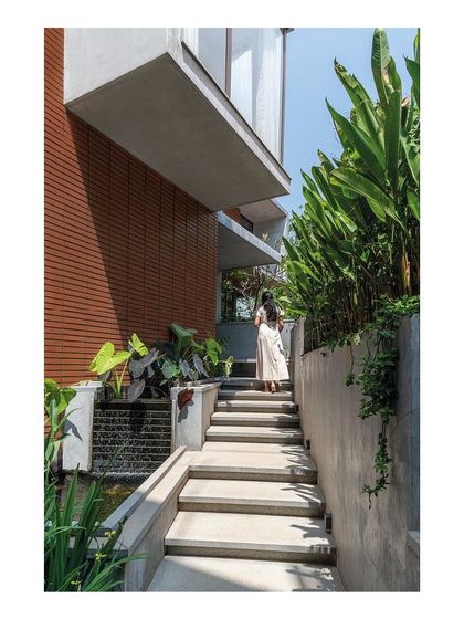 A key design strategy is to create pathways that connect the inhabitants with nature. Here, a set of exterior concrete steps runs alongside a water channel and lush planting, leading up from the garden and blurring the line between the built form and the landscape.