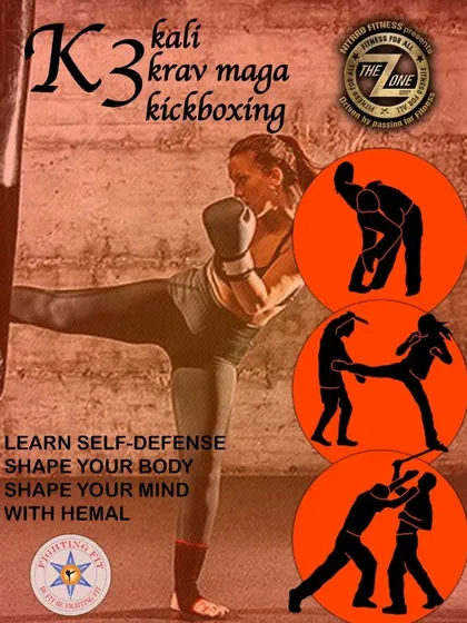 K3: Kali, Krav Maga, Kickboxing. This poster represents our core combo training program, designed to shape your body and mind for self-defense.