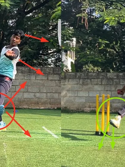 The 'before' shot shows the bowler falling away with an open front foot. The 'after' shot demonstrates a corrected alignment and a powerful, upright body position.