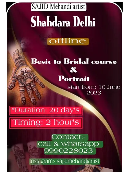 Here are the complete details for my comprehensive "Basic to Bridal & Portrait" mehandi course. It is a 20-day offline program designed to take you from a beginner to a confident, professional henna artist.