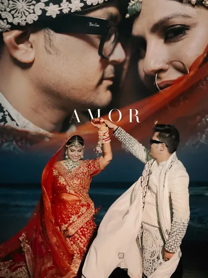 A creative and modern wedding portrait, blending a close-up with a full-length shot of the couple dancing on the beach.