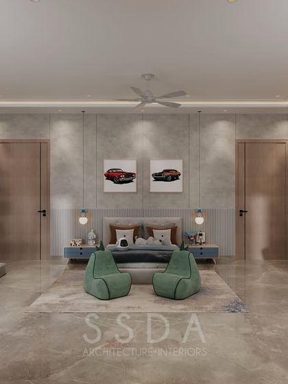 A front view of the kids' bedroom, showing the symmetrical placement of doors and the playful car artwork above the bed. Green beanbags add a fun pop of color to the neutral space.