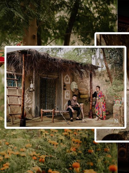 A rustic and earthy pre-wedding shot, using the charm of a village-style hut to create a unique and traditional backdrop.