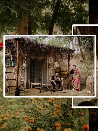A rustic and earthy setup for a Punjabi-themed pre-wedding shoot. The traditional 'charpai' and mud-hut backdrop create an authentic and unique setting.