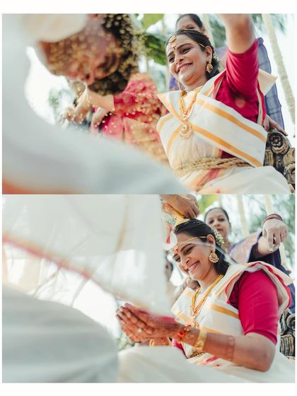 A different perspective of the talambralu ritual, highlighting the bride's happiness and the festive atmosphere.