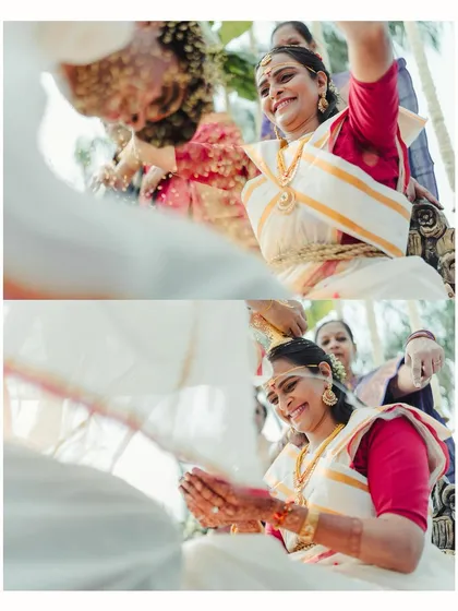 The ritual of showering the couple with blessed rice and petals, a moment of pure joy and blessings from the family.