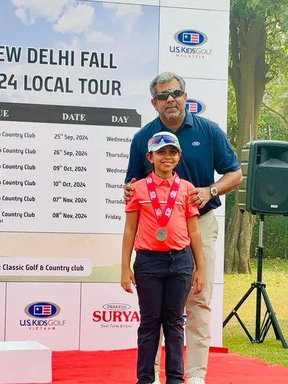Aahana Shrivastava on the podium after a successful 2024 US Kids New Delhi Fall Local Tour season.