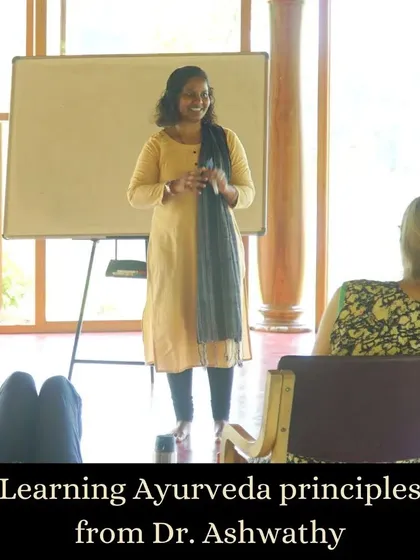 Dr. Ashwathy leads a session on Ayurvedic principles for our teacher training students. Integrating the sister sciences of Yoga and Ayurveda is a core part of our curriculum, offering a holistic approach to wellness.