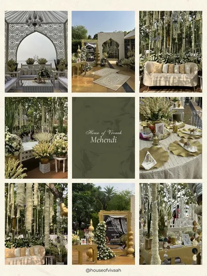 A moodboard for an elegant Mehendi in ivory and gold, featuring jaali arches, mogra strings, and regal seating, illustrating a serene and sophisticated design direction.