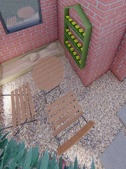 An overhead view of the kids' corner concept. You can see the sandpit tucked neatly into the corner, a small bistro set for the parents, and a vertical planter on the wall, making the space both fun and green.