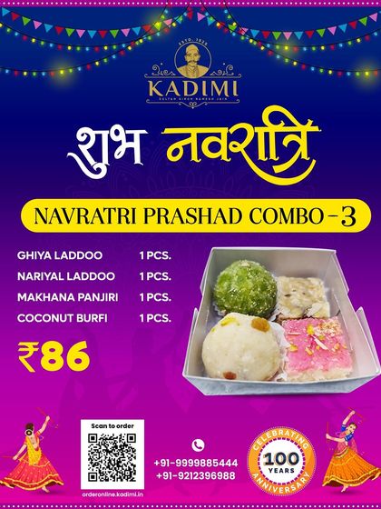 Our Navratri Prashad Combo 3 is a delightful mix of Ghiya Laddoo, Nariyal Laddoo, Makhana Panjiri, and Coconut Burfi.