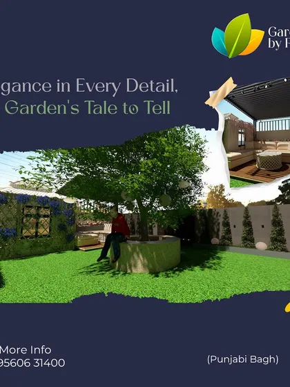 A design concept for a Punjabi Bagh property, featuring a lush lawn with a seating area under a large tree. The render also shows a covered pergola seating area, offering multiple options for outdoor relaxation.