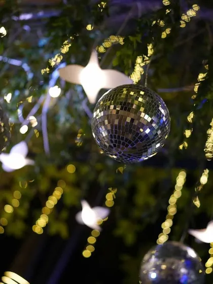 A close-up of the lighting decor for a Catholic wedding reception. I hung disco balls and glowing bird ornaments from the trees to create a whimsical and magical "enchanted forest" ambiance.