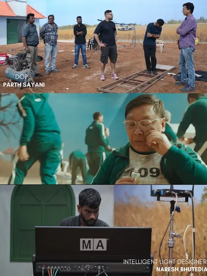 A collage from the 5 Star x Squid Game shoot, showing our DOP, our intelligent light designer at the console, and a final shot from the ad.