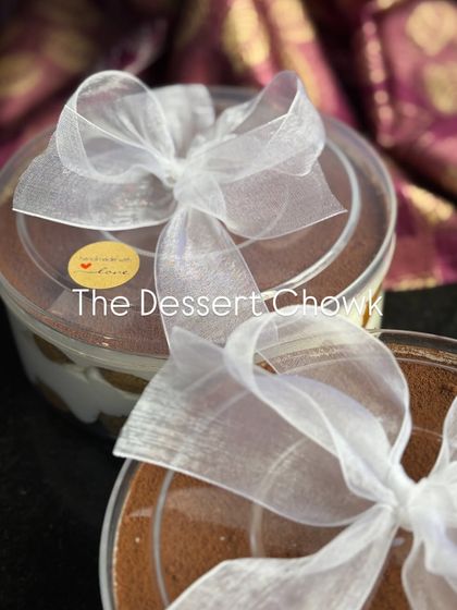 My Tiramisu tubs, elegantly wrapped with a white ribbon. This simple touch makes them ready for gifting.