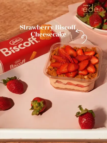 Our Strawberry Biscoff Cheesecake tub, sealed fresh and ready for you to enjoy anytime, anywhere.