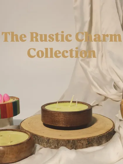 My Rustic Charm Collection features earthy and elegant candles in wooden containers. This image showcases the variety of sustainable wooden jars I offer for a natural aesthetic.