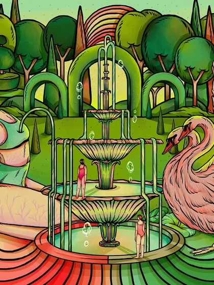 'Love Be Love Go,' a surreal landscape that reimagines a love garden as an inner utopia. This piece questions whether romantic love is a myth or a tangible emotion, depicted through a lush, fantastical scene.