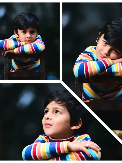 A collage of outdoor portraits of a 7-year-old boy, showcasing his thoughtful and happy expressions.