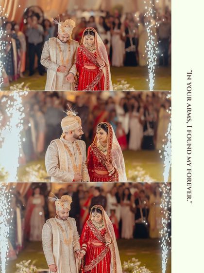 A collage of the couple's grand entrance, walking hand-in-hand through a shower of sparklers, a truly magical moment.