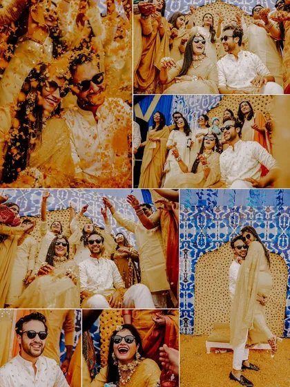 This collage is all about the "masti" of the Haldi. It shows Sonali and Hemant being playfully covered in turmeric by their loved ones, capturing the joyous and uninhibited spirit of the event.