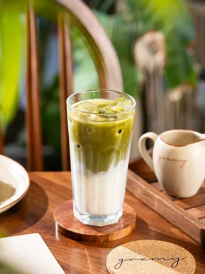 A classic iced matcha latte, with beautiful layers of green tea and milk.