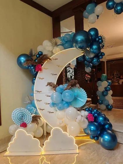 A full view of the enchanting moon and clouds welcome home setup, perfect for creating magical first memories.