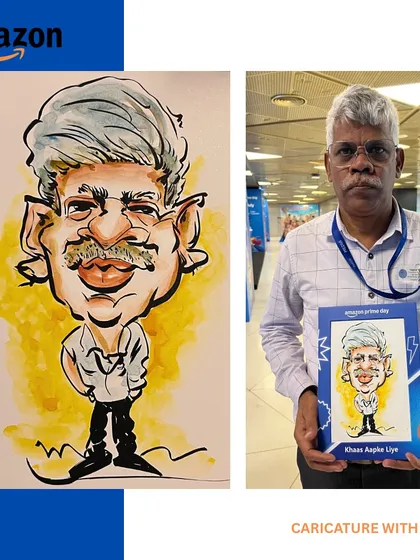 For an Amazon Prime Day event, I created custom framed caricatures for employees. This shows the complete journey from a live sitting to a finished, colorful portrait ready to be displayed.