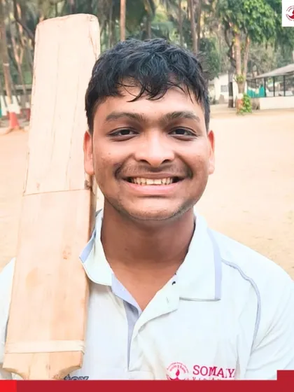 Nirmit Mandkulkar, Player of the Match, holds his bat after a strong all-round performance of 72 runs and 1 wicket.