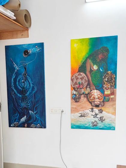 Two paintings from my "Deka" series, a feminist interpretation of the ten avatars of Vishnu. On the left is "Matsya" and on the right is "Koorma." These are long term passion projects that I continue to work on.