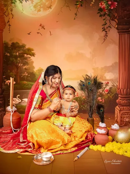 A breathtaking fine art composite, placing Maiyya and Kanha in a magical palace garden setting, turning your photo into a timeless painting.