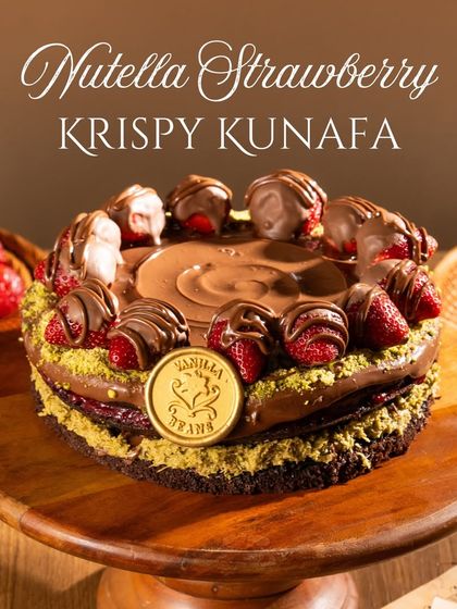 Our Nutella Strawberry Krispy Kunafa cake, a fusion of textures. Crispy kataifi, earthy pistachio, and creamy Nutella meet our fresh strawberry compote.