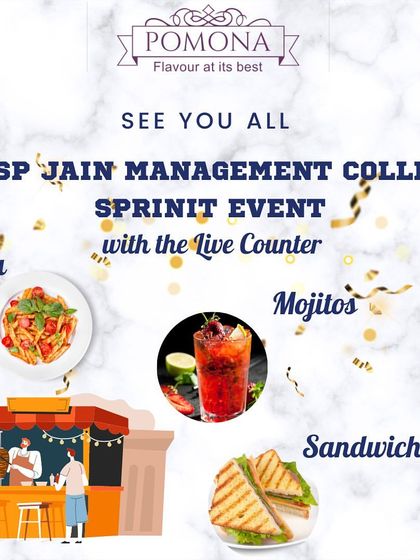 An announcement for my live counter at the SP Jain Management College 'Sprint' event. I served a popular menu of pasta, sandwiches, and mojitos to students and faculty.