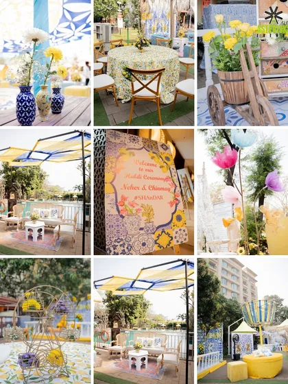 A collage of decor details from the Mediterranean Haldi, showing the welcome sign, table settings, and other themed elements.