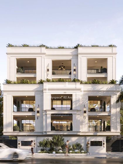 This residence features a symmetrical facade with classical proportions. Note the prominent cornice, decorative window surrounds, and multiple balconies that add visual interest, creating a modern take on traditional design.