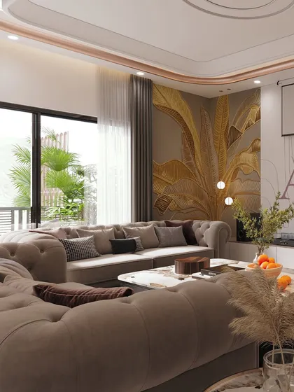 This view showcases another feature wall with a golden abstract pattern, demonstrating how different artistic elements can be used to define zones within a large living area.