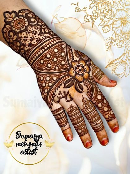 A gorgeous semi bridal design with the name 'Arsh' written in the palm. The floral and paisley elements create a very classic and beautiful look.
