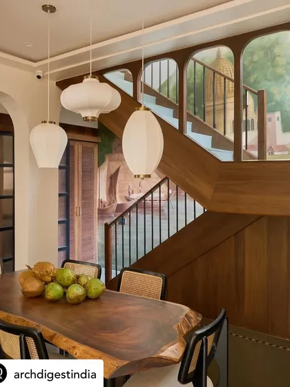 My 'By the Riverside' mural featured in Architectural Digest India, showing how the artwork transforms a staircase in a Pune home. The painting creates a sense of depth and history, telling a story as you move through the space.