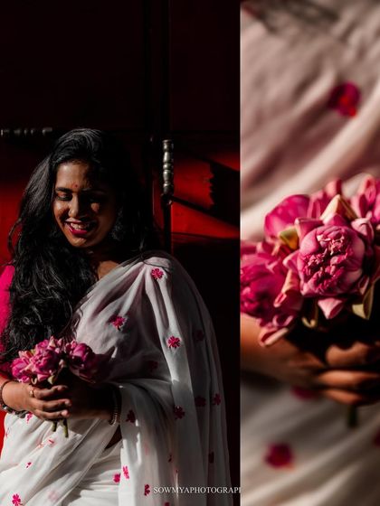 A collage from a pre-wedding shoot inspired by the lotus flower. The images are artistic, using light and shadow to create a romantic and moody atmosphere.