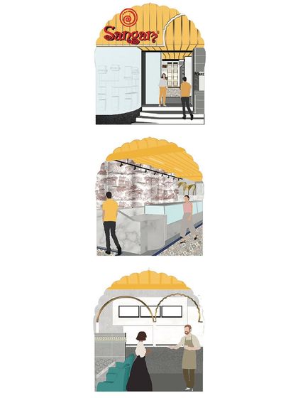 A series of illustrations showing different "frames" or views within the Sangam Sweets store, capturing our goal of recreating the poetry of past architecture.
