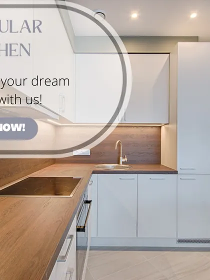 A compact and efficient modular kitchen design with a dual-tone finish of white and wood. This layout maximizes storage and workspace, making it ideal for apartments and smaller homes.